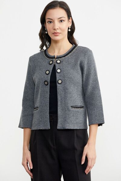Sementa Thick Woolen Knitwear Jacket with Chain Detail - Dark Gray - Black