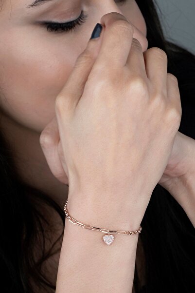 Else Silver Rose Altın Kaplamalı Kalp Sallantılı Gümüş Bileklik