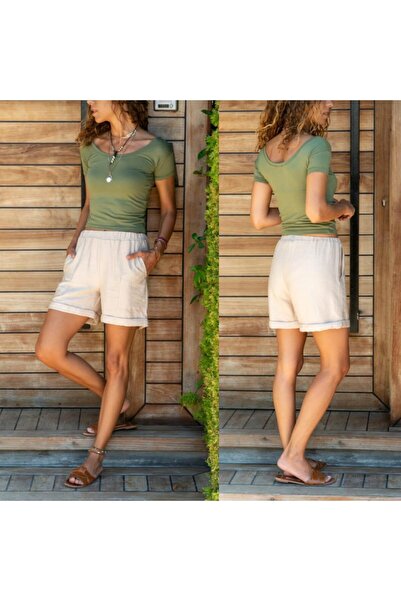 BURCE Yüksek Bel Rahat Kesim Beli Lastikli Keten Bermuda Şort