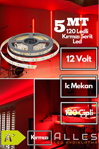 ALLES 120 LEDLİ PROFESYONEL ŞERİT LED KIRMIZI 5 METRE 12 VOLT 2835 ÇİPLİ