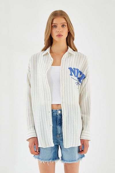 Mixray 4532 Cămașă de damă din muselină cu dungi naturale, 100% bumbac