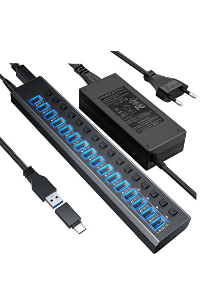 Coverzone Profesyonel USB 3.0 Hub 16 Port 5Gbps Anahtarlı Güç Adaptörlü Şarj ...