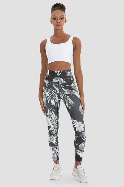 Superstacy Claude Leaf Patterned High Waist Black Sports Leggings