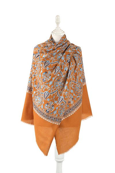 Bursa İpek Mustard and Navy Blue Tulip Patterned Silk Wool Shawl
