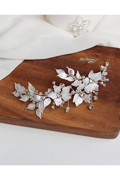 Elen Tasarım Yaprak Detaylı Çiçekli Taşlı Saç Aksesuarı Taşlı Beyaz Gelin Tacı