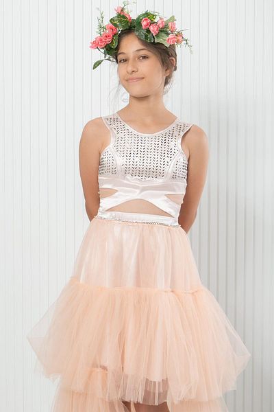 SUBU TASARIM Salmon Tulle Evening Dress - With Stone Print Detail, MDV340