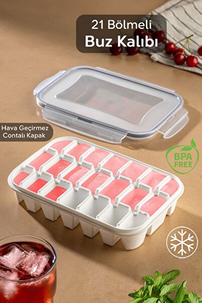 Meleni Home 21 Bölmeli Sızdırmaz Kilitli Buz Kalıbı - Pratik Kapaklı Hava Geçirmez Buzluk - Vakumlu Buz Kabı