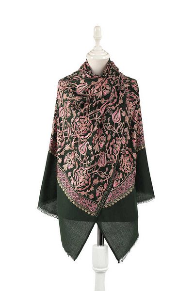 Bursa İpek Tulip Patterned Khaki Silk Wool Shawl - Pink