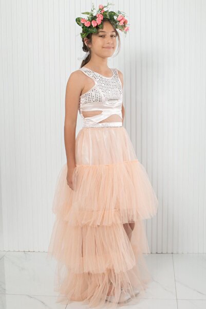 SUBU TASARIM Βραδινό φόρεμα από τούλι σομόν - με λεπτομέρεια εκτύπωσης από πέτρα, MDV340