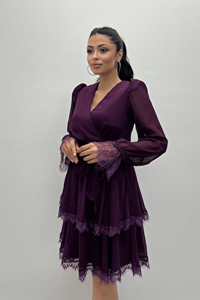 giyimmasalı Μίνι Φόρεμα σιφόν με διπλό στήθος - Patlican Purple