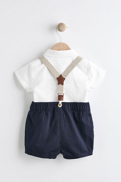 Next Baby Navy Blue Smart Shirt and Bow Tie Strap Shorts - 100% Cotton Set of 4