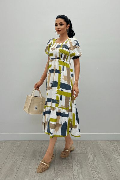 giyimmasalı Green Midi Poplin Dress - Chest Gather Detailed