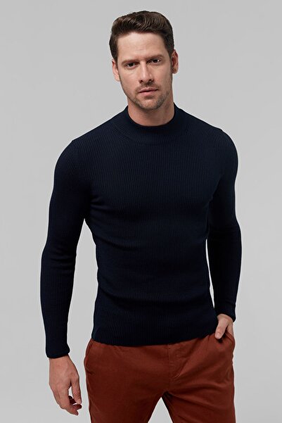 Twn Тънък пуловер от памучна смес с ребра в тъмно син цвят