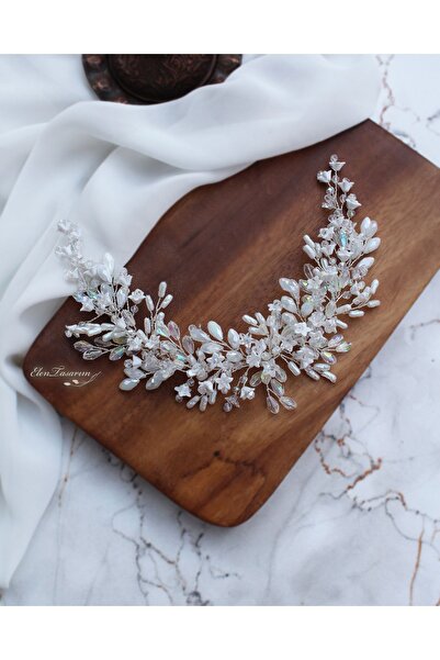 Elen Tasarım Doğal İncili Mini  Çiçek Detaylı Saç Aksesuarı Gelin Tacı