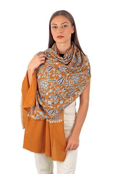 Bursa İpek Mustard and Navy Blue Tulip Patterned Silk Wool Shawl