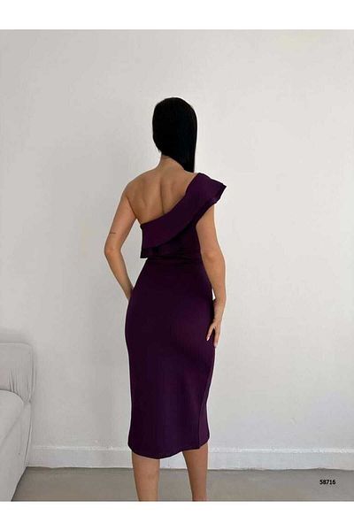SHEYMA Single Shoulder Black Scuba Fabric Midi Dress with Flywheel and Slit Detail