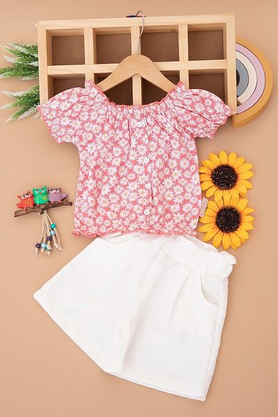 Ege Bebek Daisy Printed Ribbed Fabric Girl's Shorts Suit 3-6 YEARS - Summer Interlock R771