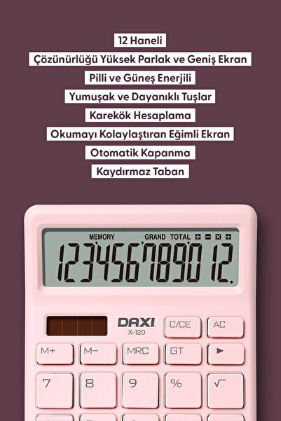Daxi X-120 PASTEL PEMBE 12 HANELİ HESAP MAKİNESİ