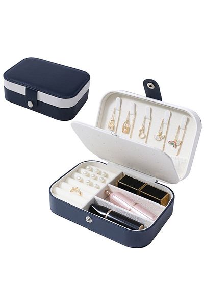 Chavin Navy Blue Leather Travel Ring Earrings Necklace Jewelry Box st1-65lc