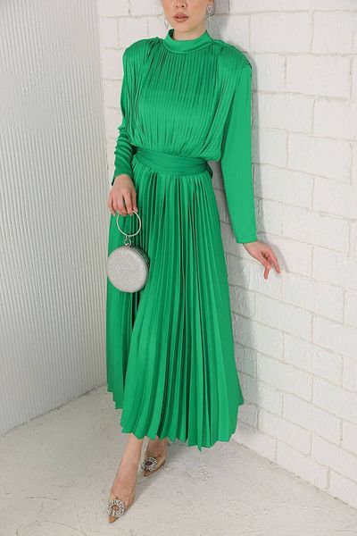 Melike Tatar BENETTON GREEN PILISE LONG DRESS WITH SEYAR BELT
