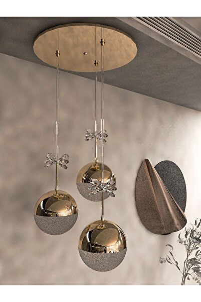 avizade Solis Enerji Tasarruflu-yaprak Desenli-modern Ve Lüks Gold- 3 Işıklı-3lü Tepsi Led Avize