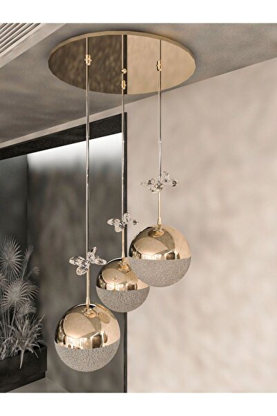 avizade Solis Enerji Tasarruflu-yaprak Desenli-modern Ve Lüks Gold- 3 Işıklı-3lü Tepsi Led Avize