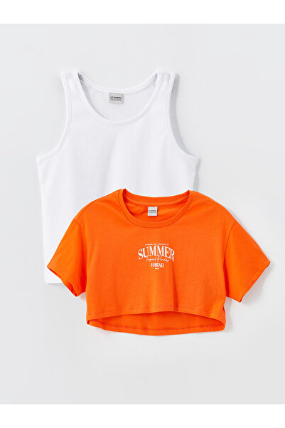 LC Waikiki Κοριτσίστικο Crop T-shirt και Φανελάκι - Λαιμόκοψη Ποδηλάτου, Με σ...