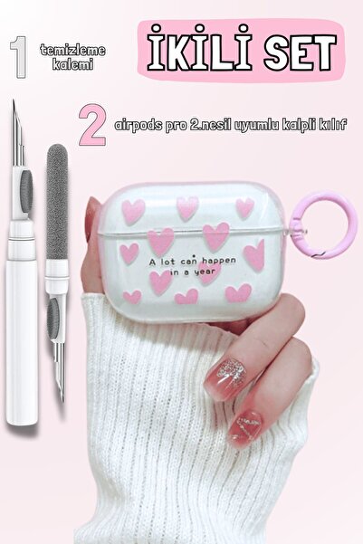 Duo Set | Pro 2. Generation Compatible Pink Heart Patterned Case and 3-in-1 Headphone Cleaning Pen