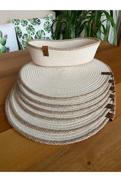 Nev Design 6'lı Jüt İp Detaylı Krem Renk Supla ve Ekmek Sepeti Takımı, Çeyiz,...