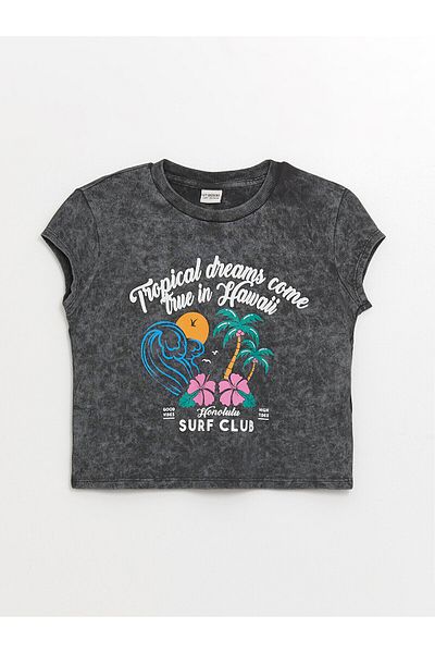 LC Waikiki LCW Girls Crop T-Shirt - Crew Neck, Printed, Short Sleeve