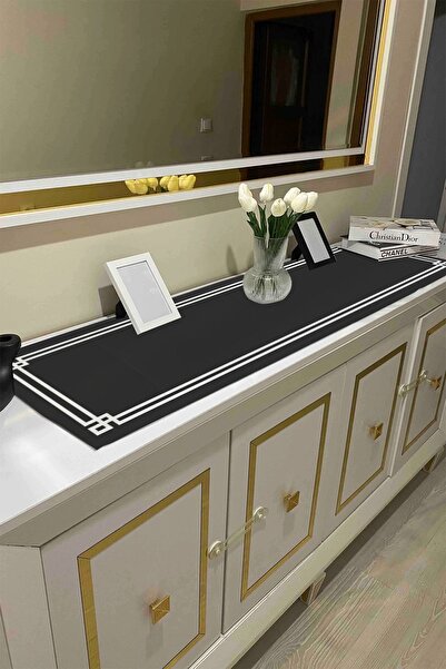 Else Halı Siyah Beyaz Bordür Desenli Konsol Vitrin Sehpa Runner Masa Örtüsü 4...