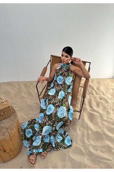 1Moda1Tarz Blue Imported Sandy Fabric - Leopard and Rose Print, Shoulder-Tied Women's Demon