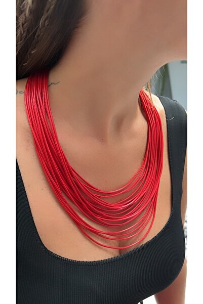 Kutcha Accessories Kırmızı Deri Görünümlü Çoklu Dekolte Kolye