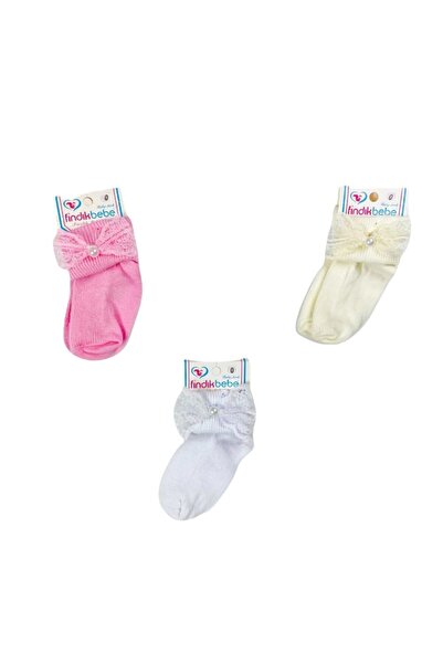 fındık bebe Lace Bow Newborn Baby Girl Socks 3 Pieces (pink-cream-white)