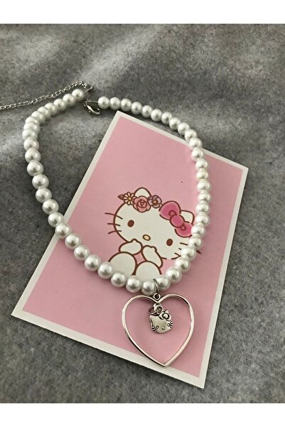 bohemian takı tasarim Hello Kitty Kalpli Beyaz Cam Inci Kolye