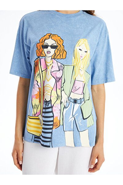 LC Waikiki LCW oversize dámské tričko – výstřih s výstřihem, s potiskem, krátký rukáv