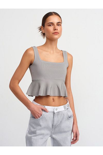 Dilvin 10522 Square Collar Flounce Knitwear Top-Grey