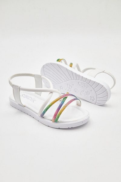 Şirin Bebe Sandale albe pentru fete cu talpă ortopedică cu pietre colorate strălucitoare și elastic pentru glezne