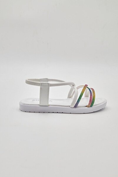 Şirin Bebe Girl's Orthopedic Sole White Sandals with Sparkling Colored Stones and Ankle Elastic