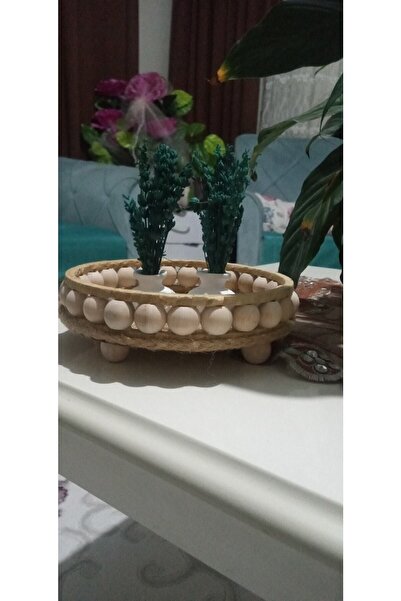 Genel Markalar Ahşap Boncuklu Hasır Dogal Rafya Tepsi, Dekoratif Tepsi, Banyo...