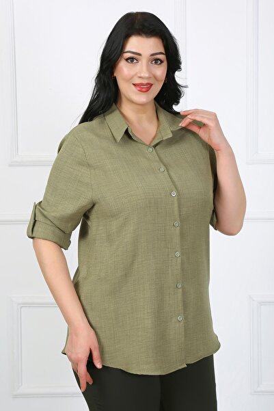 By Alba Collection Cămașă de damă kaki din in moale mărimi mari cu buzunare cu clapă