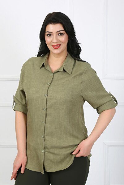 By Alba Collection Cămașă de damă kaki din in moale mărimi mari cu buzunare cu clapă
