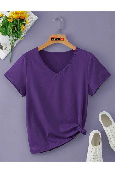 FAVORİST V-nyakú Basic Cotton Wear Out póló - Sima minta
