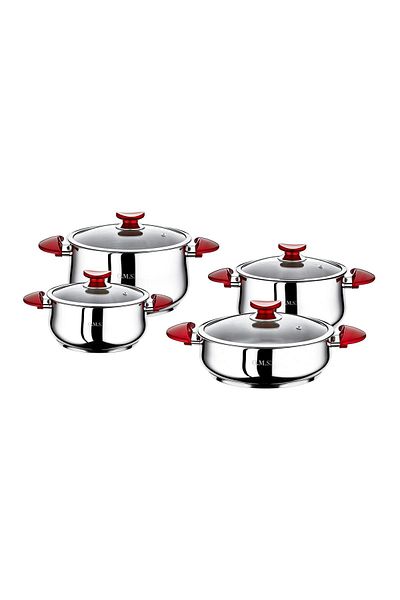 OMS Yummy 1036 - 8 Piece Induction Stainless Steel Cookware Set - Silver Body, Red Detail