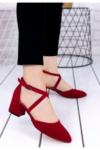 Demashoes Women's Red Suede Cross Classic Heeled Shoes
