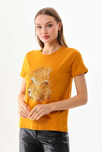 Sistas Women's Text Detailed Short Sleeve Cotton Blouse 23042 Safran