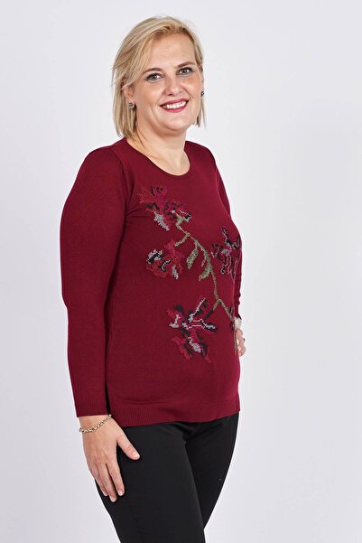 Flaş Triko Γυναικεία Μπλούζα Βουργουνδίας με λεπτομέρεια κεντήματος λουλουδιών 3320806