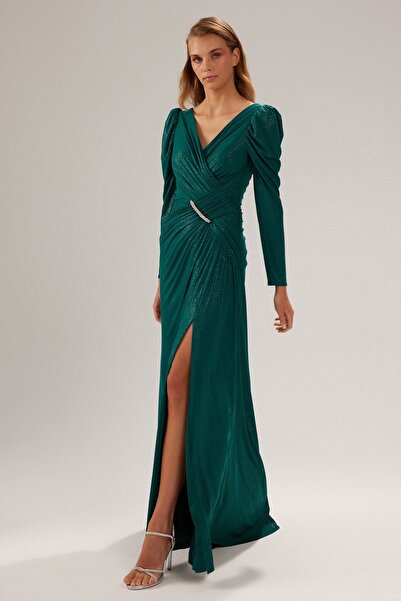 ŞEREF VURAL Women's Deep Slit V-Neck Evening Dress 8145 Green