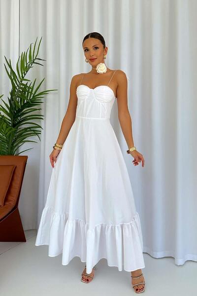 Mine Tan Butik Rochie de mișcare albă - Detaliu cravată pe umeri și fustă cu mânere la piept