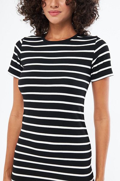 Chandraswear Black Long Striped Women's Dress - Short Sleeve, Summer